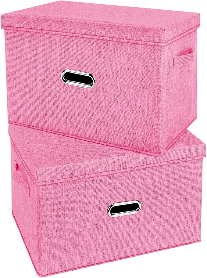 Large Linen Fabric Foldable Storage Bins with Removable Lid and Handles, Washable Storage Box Organizer Containers Baskets Cube with Cover for Bedroom,Office(Pink, Small(2-Pack))