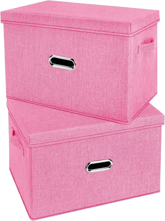 Large Linen Fabric Foldable Storage Bins with Removable Lid and Handles, Washable Storage Box Organizer Containers Baskets Cube with Cover for Bedroom,Office(Pink, Large(2-Pack))