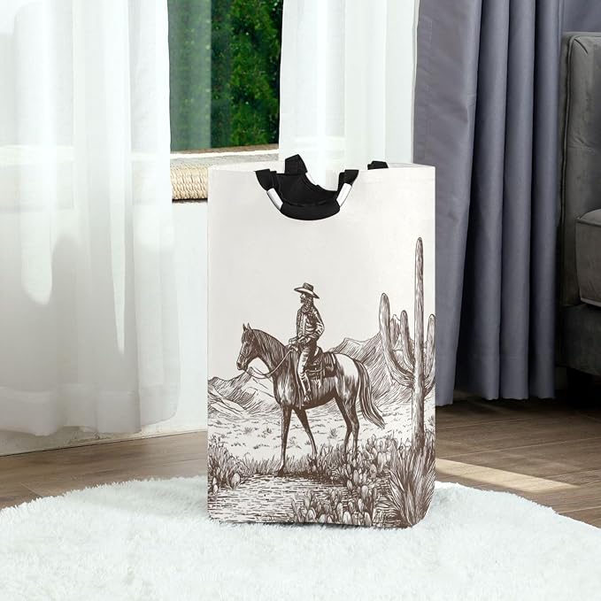 Ink Sketch Of Cowboy Riding Through Desert Large Laundry Hamper Basket, Collapsible Laundry Bag Storage Bins Baskets with Handles for Laundry, Bedroom, Home Decor