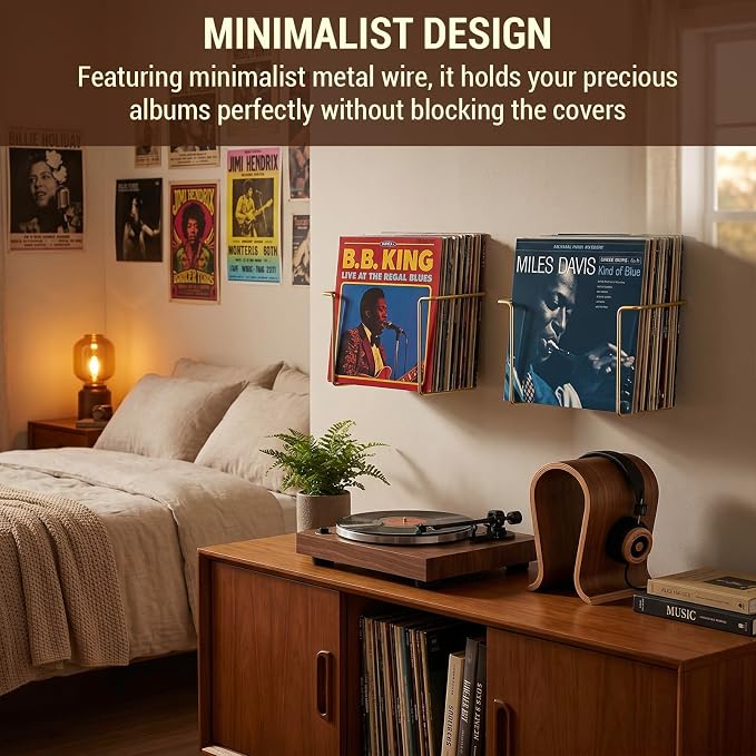 MyGift Modern Metal Wire Wall Mounted Vinyl Records Storage Racks, Hanging LP Record Holders, Floating Album Cover Display Shelves, Set of 2 (Brass-2 Pcs)