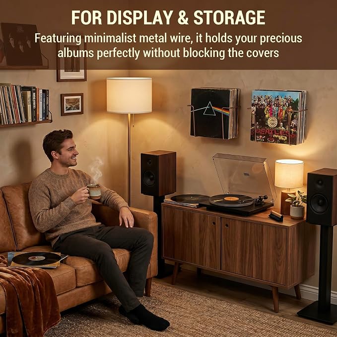 MyGift Modern Metal Wire Wall Mounted Vinyl Records Storage Racks, Hanging LP Record Holders, Floating Album Cover Display Shelves, Set of 2 (Vintage Copper-2 Pcs)
