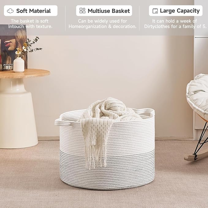CLHMILY&Z Large Storage Basket - 20x13 Inches - Blanket Basket for Living Room, Woven Storage Basket, Large Laundry Basket for Clothes, for Tree Plant, Mix White