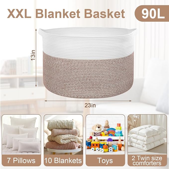 XXXL Large Laundry Basket, 105L Soft Cotton Rope Basket, Blanket Storage and Organizers, Baby Nursery Laundry Hamper, Extra Large Toys Storage Bins for Kids 23.6'' x 14.6'', White & Brown