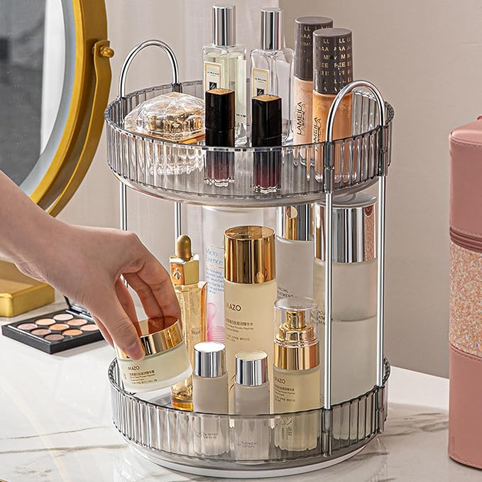 Aveniee 360 Rotating Makeup Organizer for Vanity, Skincare Perfume Organizers Large, Bathroom Countertop Organizer and Storage, Clear Cosmetics Lipstick Holder for Dresser,2 Tiers, Grey