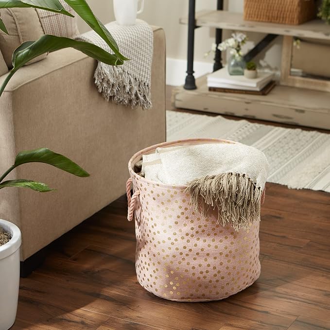 DII Polyester Storage Bin Gold Metallic Collection Collapsible with Handles Large Round Millennial Pink