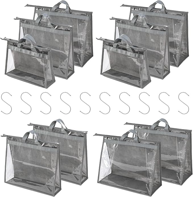 10 Set Handbag Storage Organizer Dust Bags for Purses Handbags Closet, Clear Purse Protector Storage Bag Dust Cover for Bags, Closet Organizer for Handbags with Hooks, Grey