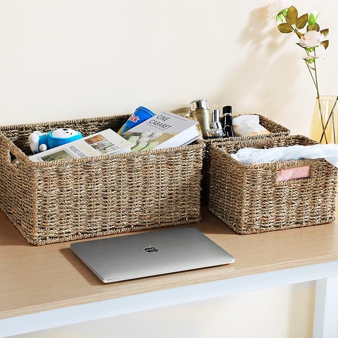 HOONEX Large Wicker Baskets for Storage, Seagrass Baskets with Dual Handles, Woven Baskets for Storage, Set of 3, Natural