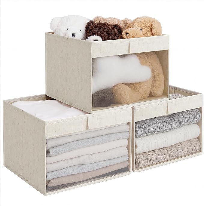 StorageWorks Closet Storage Bins with Clear Window, Linen Closet Organizers and Storage Bins, Collapsible Storage Baskets with PU Handles, Large Fabric Bins, Beige, Cotton-Linen, 3-Pack