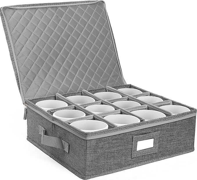 LotFancy Cup and Mug Storage Container, Hard Shell, China Coffee Mug Storage Box for Moving, with Dividers & Handles, Holds 12 Tea Cups, Grey
