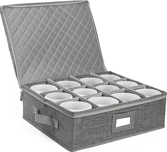 LotFancy Cup and Mug Storage Container, Hard Shell, China Coffee Mug Storage Box for Moving, with Dividers & Handles, Holds 12 Tea Cups, Grey