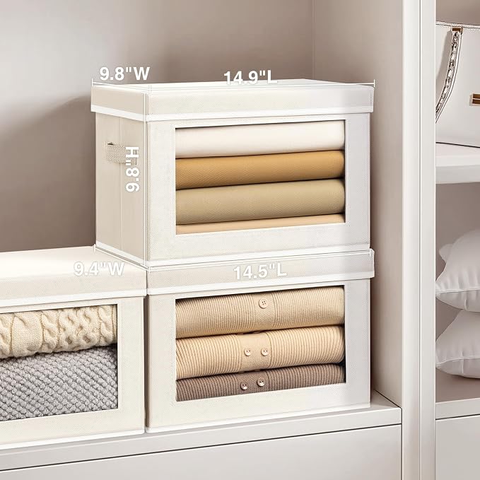 Homsorout Stackable Storage Bins with Lids - Medium Storage Box with Lids, Foldable Closet Boxes for Organizing, Wardrobe Clothes Organizer with Window, Fabric Bins for Living Room, 6 Pack, Beige