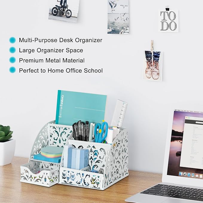 EasyPAG Desk Organizer and Pen Holder for Desk, Mesh Office Supplies Storage Caddy with Drawer for Small Space, Desktop Organizer for Home Office, White