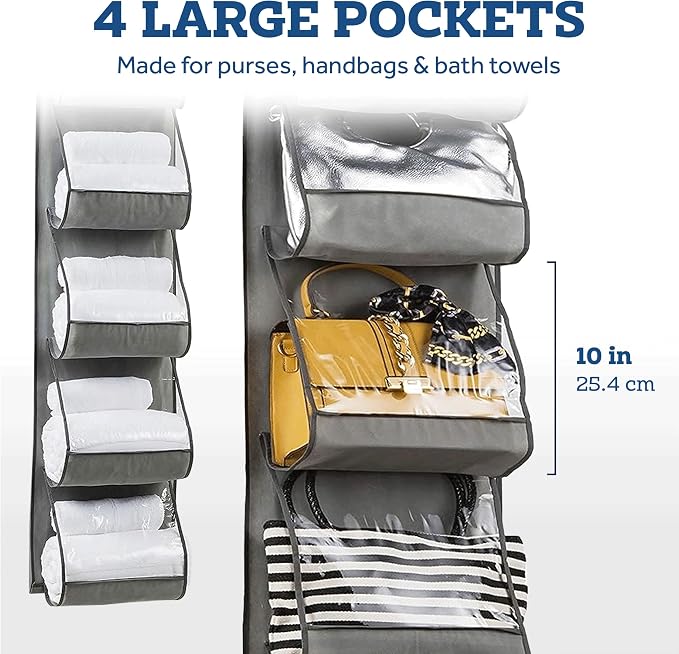 ZOBER Purse Organizer W/ 6 Pockets For Closet - Over The Door Easy Storage - Durable Metal Hooks - Purse Rack With Pockets - Gray (1 Pack)