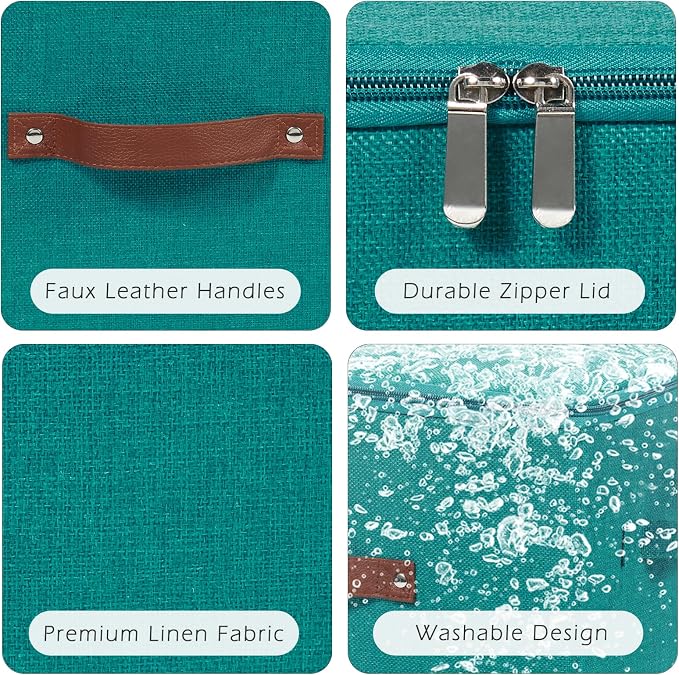 Storage Bins with Zipper Lid Cotton Linen Fabric Lidded Storage Baskets Boxes Foldable Washable Closet Shelf Clothes Organizer Container with PU Leather Handles (Teal Blue, Small)
