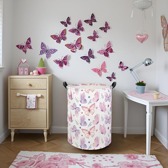 Butterfly Baby Laundry Basket Baby Hamper for Nursery Girl Kids Butterfly Hamper Cute Kids Toys Storage Bin Organizer Butterfly Room Decor for Home(Watercolor Butterfly)