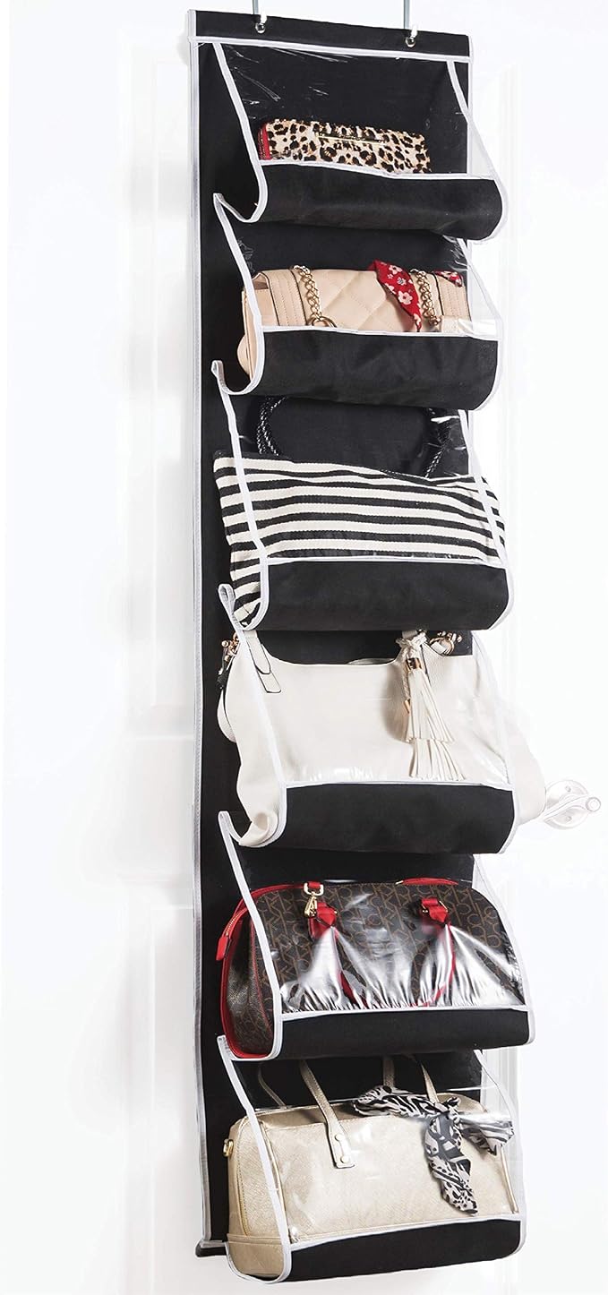ZOBER Purse Organizer For Closet - Over The Door Purse Organizer W/ 6 Pockets for Easy Purse Storage - Durable Metal Hooks - Purse Rack W/Clear Pockets - Black (1 Pack)