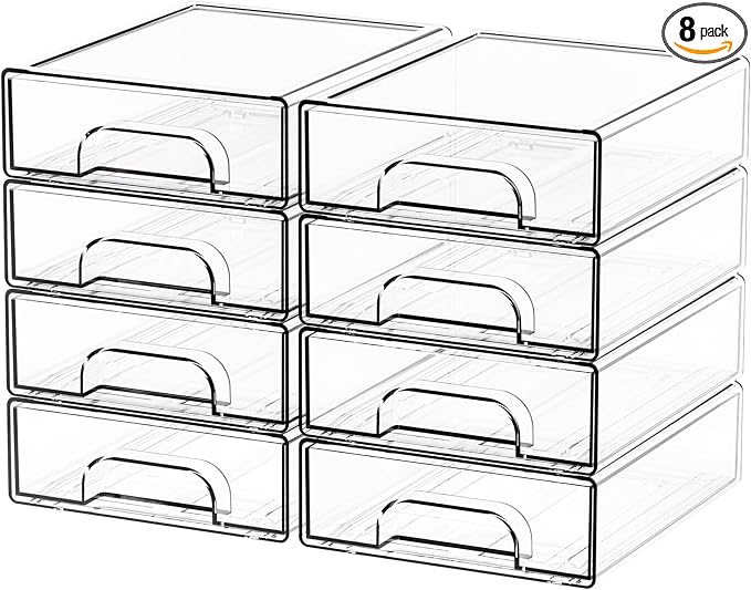 Yieach 8 Pack Small Clear Stackable Storage Drawers,2.2'' Tall Desk Organization and Storage,Plastic Office Supply Organizer,Acrylic Storage Containers for Makeup,Hair Clip,Accessory,Pen,Art Crafts