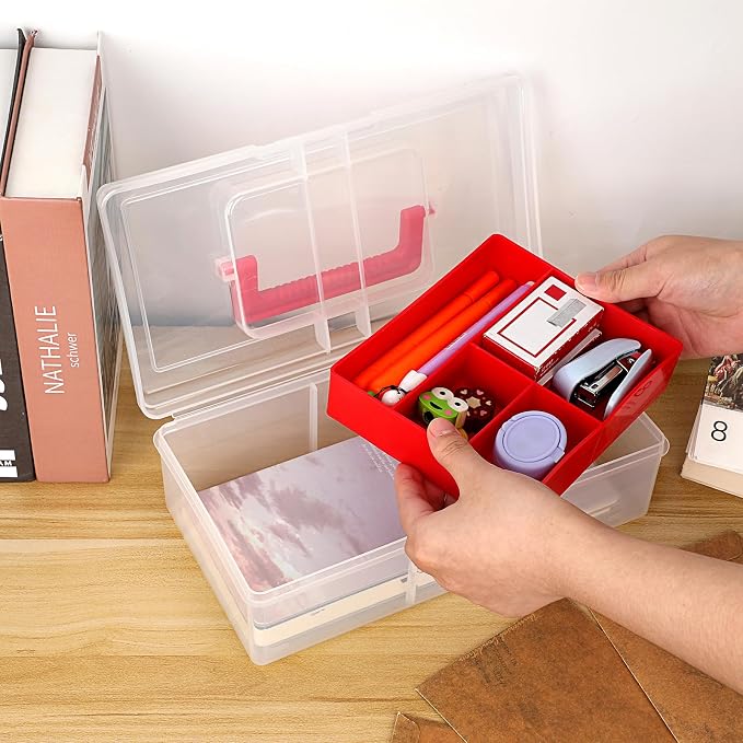 JUXYES Clear Art Craft Supply Storage Bin Sewing Box With Handle Lid | Plastic Carry Storage Box with Removable Tray, 2 Layers Portable Storage Case for Art Craft, Sewing, School Office Supplies
