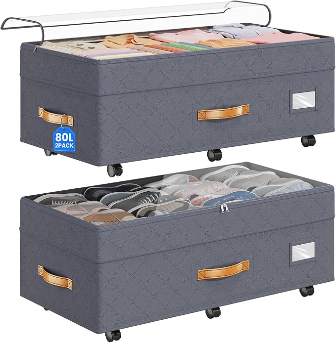 Budding Joy Under Bed Storage with Wheels 2Pack, 80L- Height Adjustable Underbed Containers with Clear Lids, Rolling Under Bed Shoe Storage Organizer for Dorm Home Clothes, Blankets, Toys, Grey