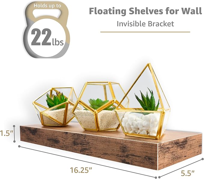 Sorbus Floating Shelves for Wall – 16 Inch Floating Shelf for Kitchen, Bedroom, Living Room, Bathroom, Home & Wall Decor - Mounted Bathroom Shelves with Invisible Brackets (Mahogany, 2 Pack)