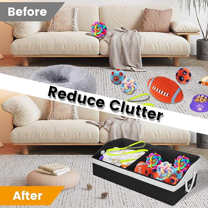 Large Dog Toy Basket with Handle, Foldable Dog Toy Box for Living Room Area , 28.5" Basket for Dog's Supplies, Organizer and Storage with Hard Board, Anti-Slip for Pet Toys (Black, Large 28.5"×15")