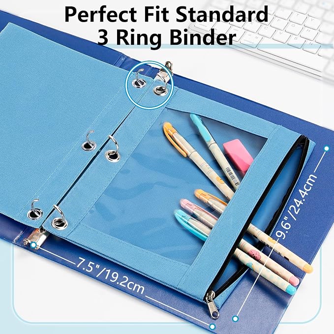 Forvencer 6 Pack Pencil Pouches for 3 Ring Binder, Smooth Zipper 3 Ring Binder Pencil Pouch, Multi-Color Pencil Case for Binder, Clear Top Binder Pencil Pouch, Pencil Bag with 3 Re-enforced Grommets