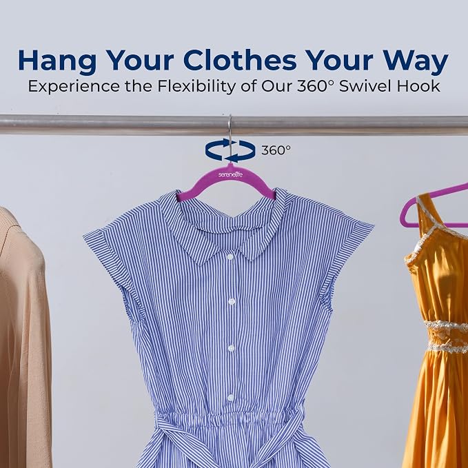 SereneLife Velvet Hangers – 30 Pack, Slim & Space Saving for Closets | Soft velvet grip prevents slipping on silk, satin & knitwear – 360° swivel hook fits all standard closet rods