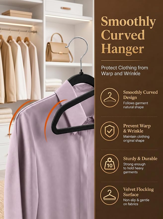 HOUSE DAY Black Velvet Hangers 50 Pack - Non Slip Felt Hangers Closet Essentials, Premium Space Saving Hanger, Gentle on Clothes, Sturdy Shoulder Design
