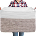105L XXXL Large Blanket Basket, Rectangular Cotton Rope Basket, Laundry Hamper for Blankets, Pillows, Extra Large Toys Storage Bins for Kids, Dogs 25" x 16" x 16", White & Brown