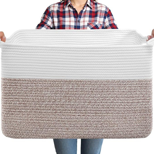 105L XXXL Large Blanket Basket, Rectangular Cotton Rope Basket, Laundry Hamper for Blankets, Pillows, Extra Large Toys Storage Bins for Kids, Dogs 25" x 16" x 16", White & Brown