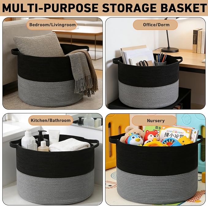 90L Extra Large Blanket Basket,Woven Laundry Basket Hamper with Handles, Decorative Nursery Basket Storage Bin for Toys, Clothes Organizer, Living Room, Bedroom, Bathroom, Black&Dark Grey