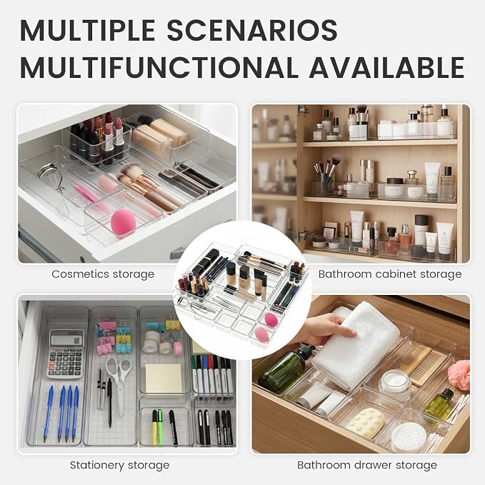 Clear Acrylic Makeup Organizer and Make Up Storage for Vanity - 4 Sizes Multi-layer Plastic Vanity Storage Organizer Bins and Drawer Divider Set - Makeup Drawer Organizer and Vanity Storage Bin