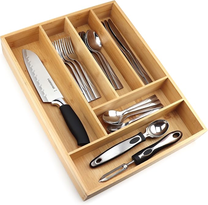 Pristine Bamboo Silverware tray organizer– Flatware Utensil Cutlery Silverware Holder for Drawer – Small Extra-Deep Wooden Kitchen Drawer Organizer Divider for Spoons Forks Knives cutleries (6-Slots)