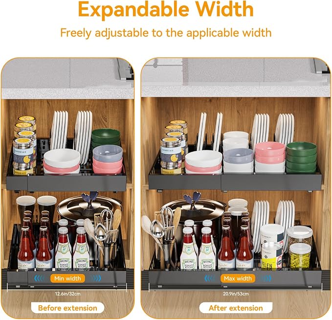 2 Pack Expandable Pull Out Cabinet Organizer Adhesive, 21" Deep Slide Out Drawers for Kitchen Cabinets,With 8pcs Divider Racks For Kitchen Pantry Organization Adjustable Width 12.6"-20.9"