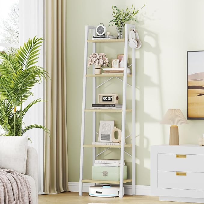 Hzuaneri Ladder Shelf, Bookshelf Bookcase, Freestanding Corner Storage Shelve with 2 Hooks for Home Office, Living Room, Kitchen, Bedroom, Industrial, 11.8" D x 17.3" W x 63" H, White Oak and White