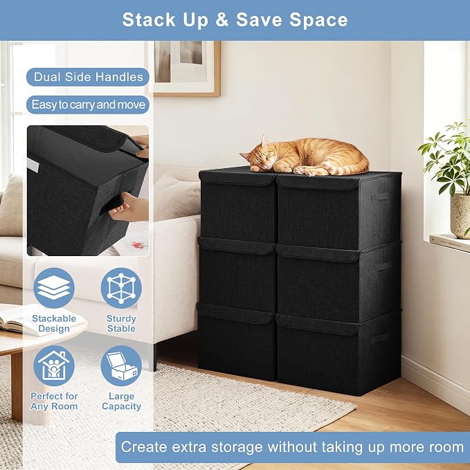 Bagnizer Large 22 Quart Linen Fabric Foldable Storage Bin Cube Organizer Basket with Flip-Top Lid & Handles, Clothes Blanket Box for Home, Office, Closet, Black, 4 Pack 14.6 x 9.5 x 9.5”