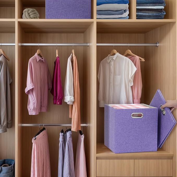 Foldable Cube Storage Bin Organizing Baskets Cubby Boxes Fabric Storage Cubes Organizer Bins with Handles for Organization Shelf Closet, 11"x11"x11", Pack of 4, Purple