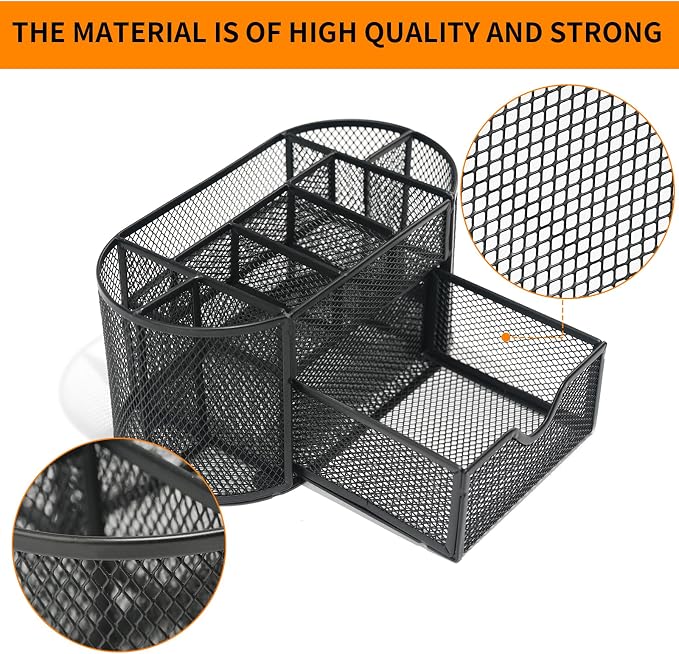 Newkita Desk Organizers and Accessories with Pencil Pen Holder Supply 8 Compartments and 1 Pullout Drawer for Home, School, and Office. (Black)