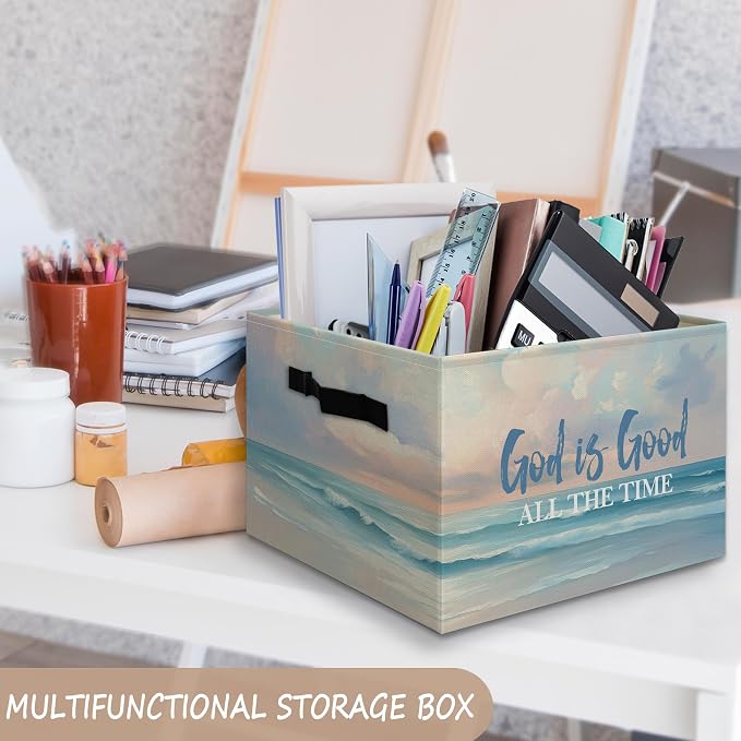 Christian Coastal Beach Foldable Storage Bins Box with Handles, God Is Good All the Time Bible Verse Religious Collapsible Organizer Basket for Christian Home Room Clothes Toys Books