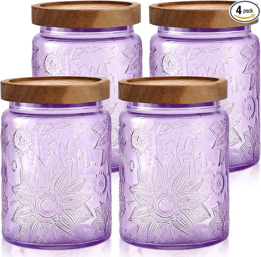 LemonRoad 4 Pcs Vintage Purple Glass Storage Jars 23.7 oz Mason Jar Canister with Wood Lids Food Storage Container for Cookie, Pantry, Candy Kitchen, Coffee, Tea, Flour, Sugar, Decorative Home Decor