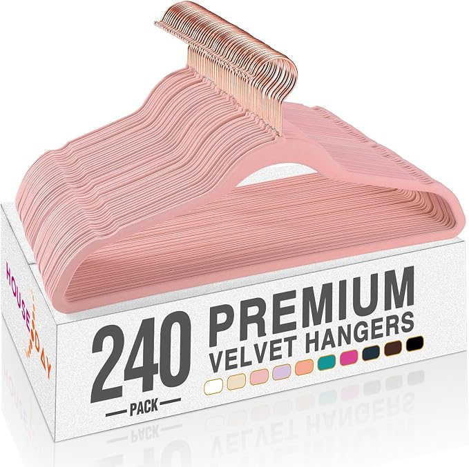 HOUSE DAY Pink Velvet Hangers 240 Pack, Premium Clothes Hangers Non-Slip Felt Hangers, Sturdy Black Hangers Heavy Duty Coat Hangers, Durable Suit Hangers, Space Saving No Hanger Mark Rotating Hook