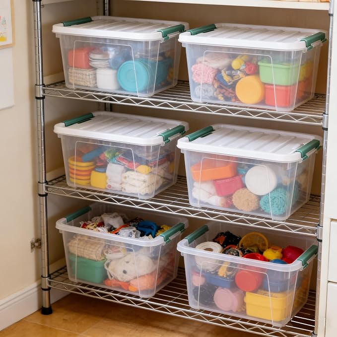 Xyskin 20 Quart Clear Plastic Storage Boxes with Latching Lids, 6-Pack | Stackable Container Bin for Closet, Pantry, Kitchen, Garage and Dorm Organization, Clear Storage Box witth Green Secure Latch