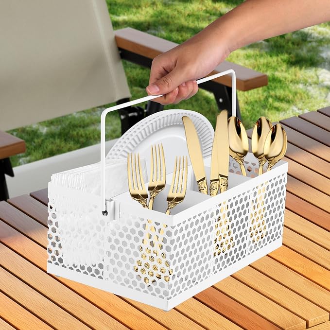 Utensil Caddy, Silverware Caddy for Party, Metal Silverware Holder, Silverware Organizer Countertop, Cutlery Storage for Kitchen Party- White