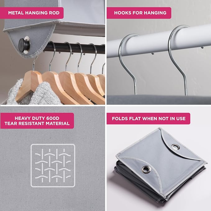 HOLDN’ STORAGE Hanging Closet Organizer with Garment Rod, 4-Shelf | Heavy Duty Hanging Shelves for Clothes, Sweaters & Shoes, 600D Fabric Storage Unit with Built-in Clothing Rod, Grey