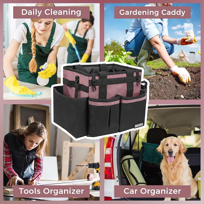 SCAVATA Compact Wearable Cleaning Caddy, Small Cleaning Caddy Supplies Organizer with Handle & Shoulder Straps for Housekeepers, Under Sink & Car Cleaning Tool Organizers Bag (LotusPink)