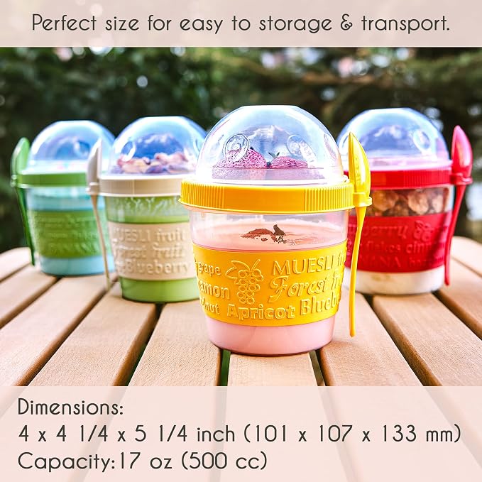 Crystalia 4 Pack 17 oz On The Go Yogurt Parfait Cups with Lids, Mini Breakfast On the Go Plastic Bowls with Topping Cereal Oatmeal Container with Spoon for Lunch, Portable & Reusable, Colorful Set