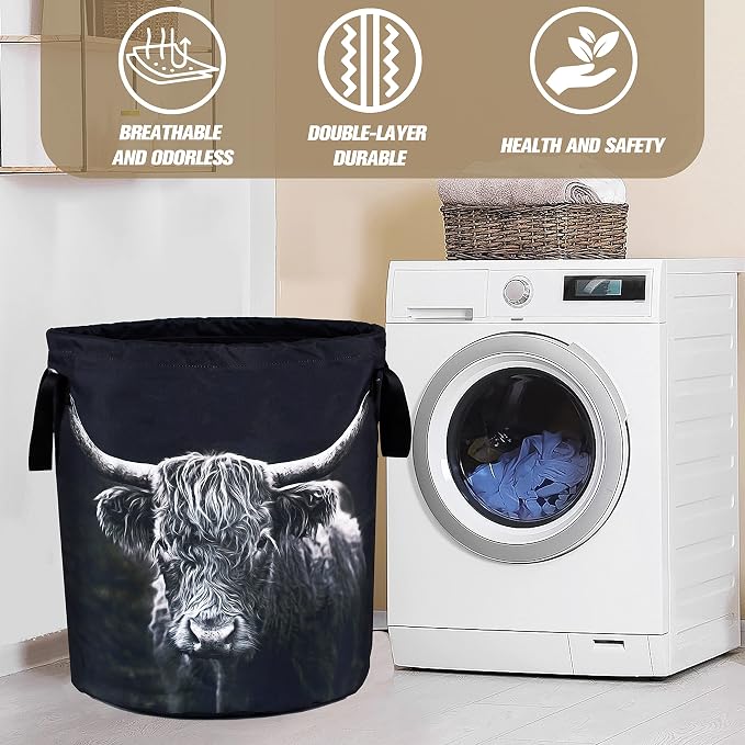 Highland Cow Laundry Basket Animal Foldable Oxford Cloth Funny Tote Bag Laundry Hamper Clothes Storage Bucket Organizer For Bathroom/Laundry Storage/Bedroom Storage Basket 18.9x16.5 Inch