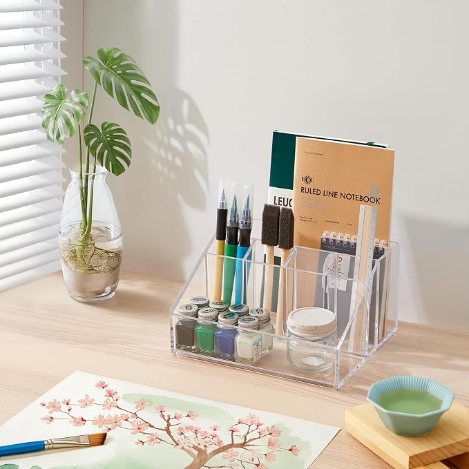 STORi Stackable Desk Organizer, Clear Pen Pencil Makeup Brush Holder for Desktops and Vanities, 6 Compartment Caddy (Made in USA)