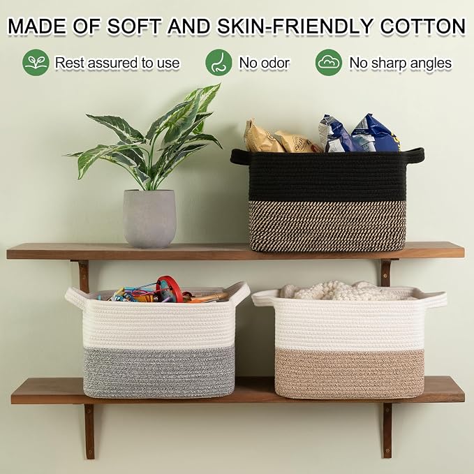 OIAHOMY Woven Storage Basket for Shelves, Rectangle Cotton Rope Baskets for Organizing, 13 x 10 x 9 in, Storage Bins for Dog Toys,Towel,Books,Gift,Black and Brown