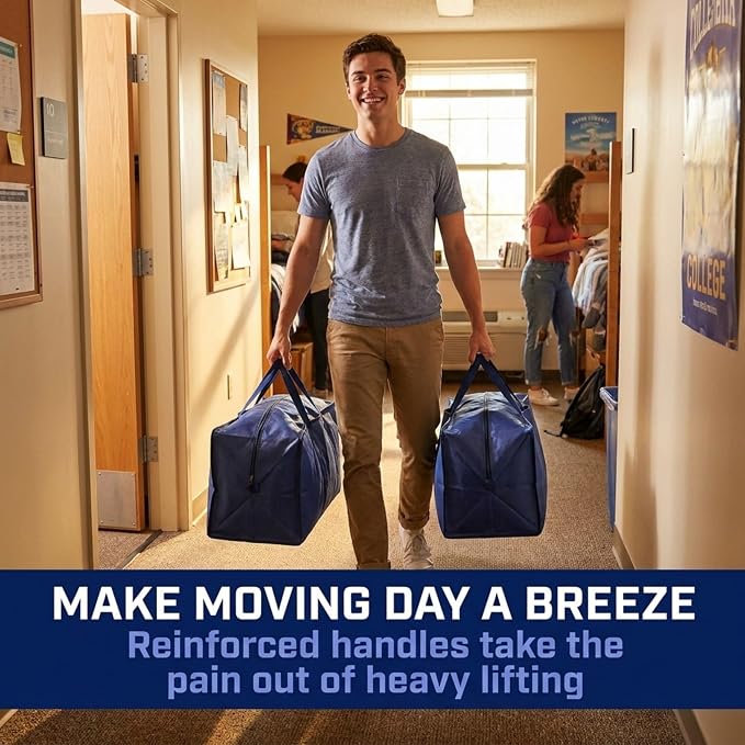 BOX USA 4-Pack Moving Bags with Strong Handles & Zippers - Heavy Duty Extra Large Packing Bags for Storage, Moving Boxes, Dorm & College Supplies, Blue
